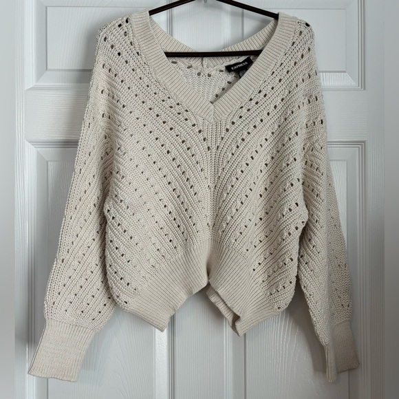 Express Sweaters - Express Open Stitch Double V-Neck Dolman Sleeve Sweater Size: L